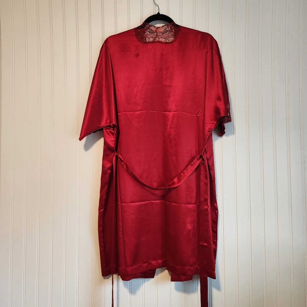 VINTAGE RIA Red 100% Silk Lace Night Robe Cover Up One Size - Picture 4 of 5